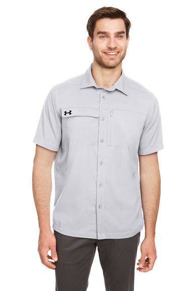 Under Armour 1351360 Mens Motivate Moisture Wicking Short Sleeve Button Down Shirt w/ Pocket Halo Grey Model Front