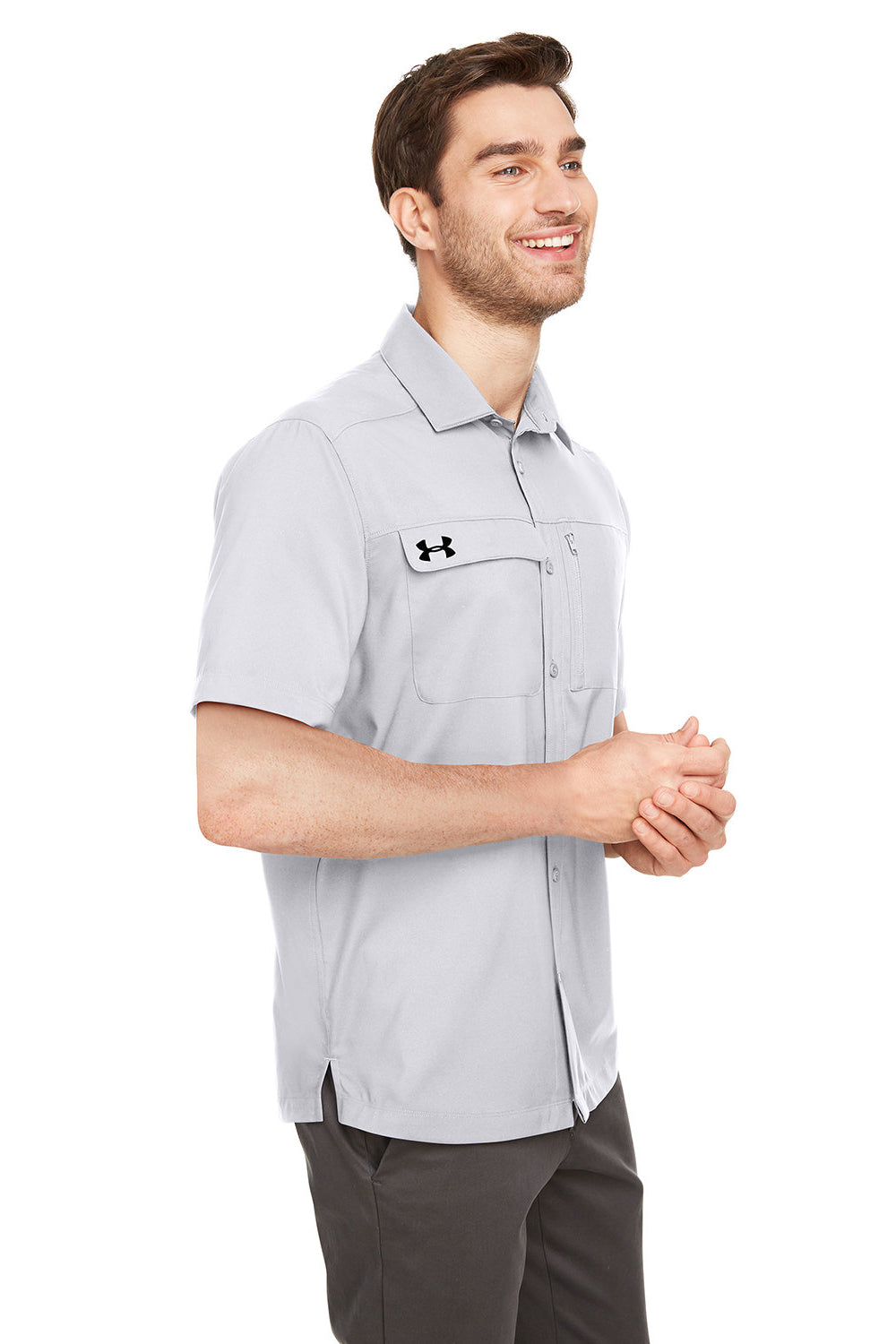 Under Armour 1351360 Mens Motivate Moisture Wicking Short Sleeve Button Down Shirt w/ Pocket Halo Grey Model 3Q
