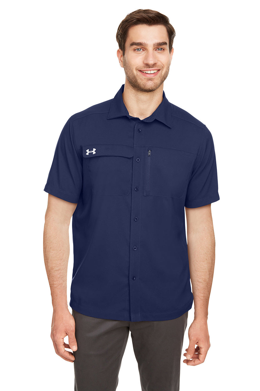 Under Armour 1351360 Mens Motivate Moisture Wicking Short Sleeve Button Down Shirt w/ Pocket Midnight Navy Blue Model Front