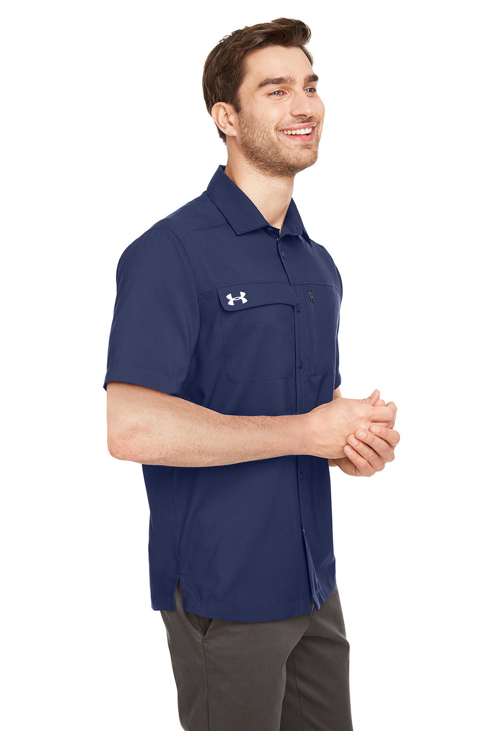 Under Armour 1351360 Mens Motivate Moisture Wicking Short Sleeve Button Down Shirt w/ Pocket Midnight Navy Blue Model 3Q