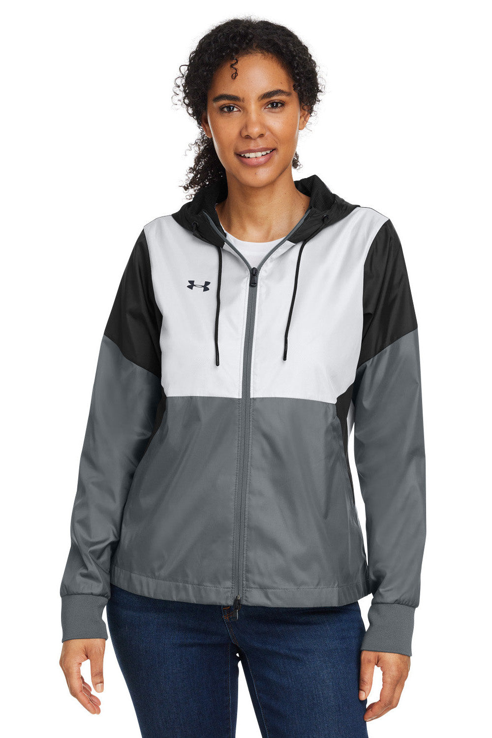 Under Armour 1359348 Womens Team Legacy Wind & Water Resistant Full Zip Hooded Jacket Black Model Front