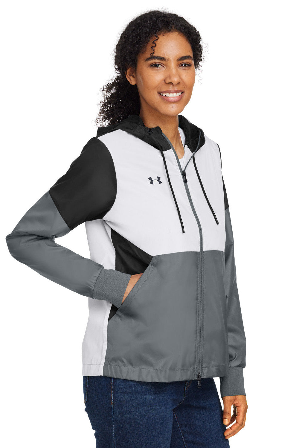 Under Armour 1359348 Womens Team Legacy Wind & Water Resistant Full Zip Hooded Jacket Black Model 3Q