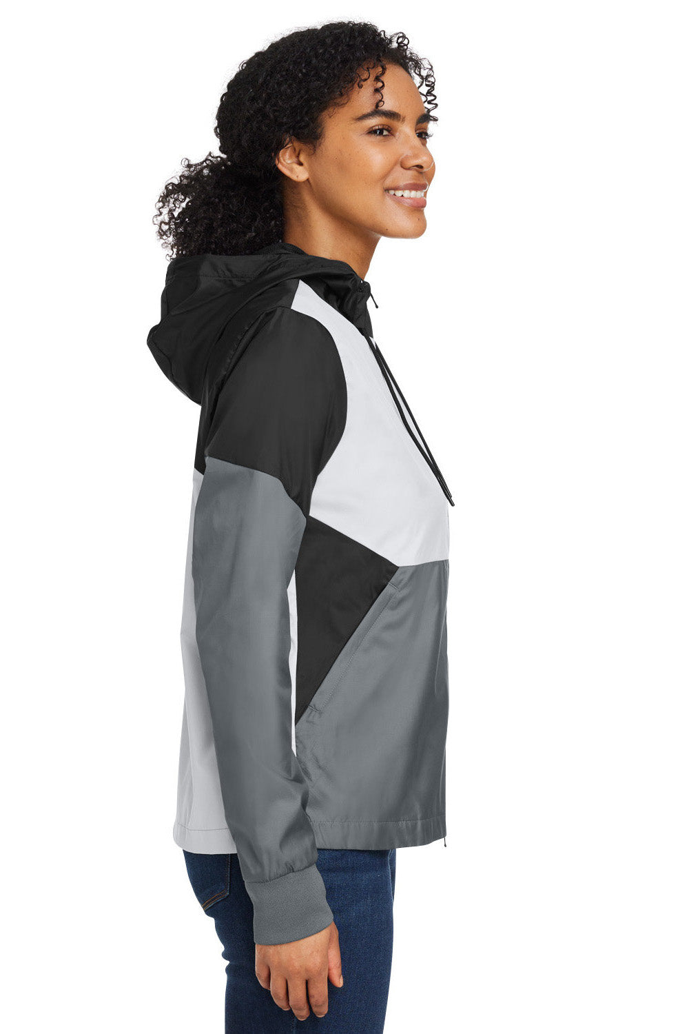 Under Armour 1359348 Womens Team Legacy Wind & Water Resistant Full Zip Hooded Jacket Black Model Side