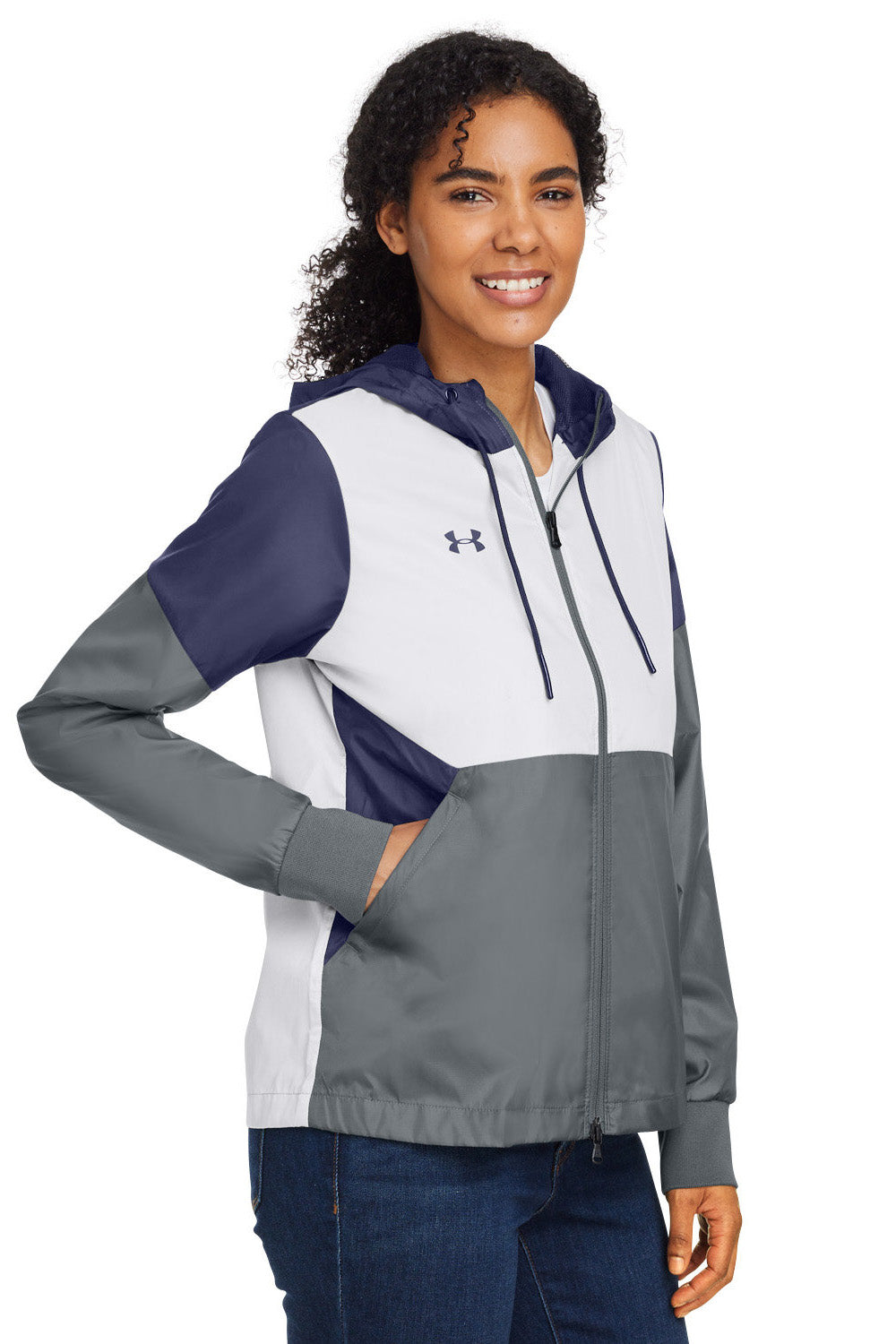Under Armour 1359348 Womens Team Legacy Wind & Water Resistant Full Zip Hooded Jacket Navy Blue Model 3Q