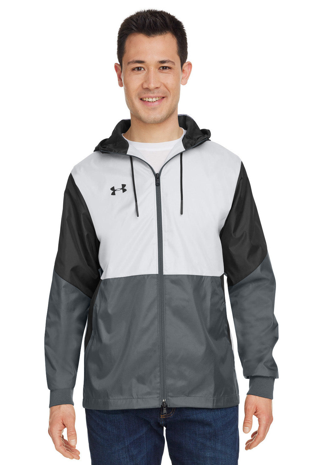Under Armour 1359386 Mens Team Legacy Wind & Water Resistant Full Zip Hooded Jacket Black Model Front