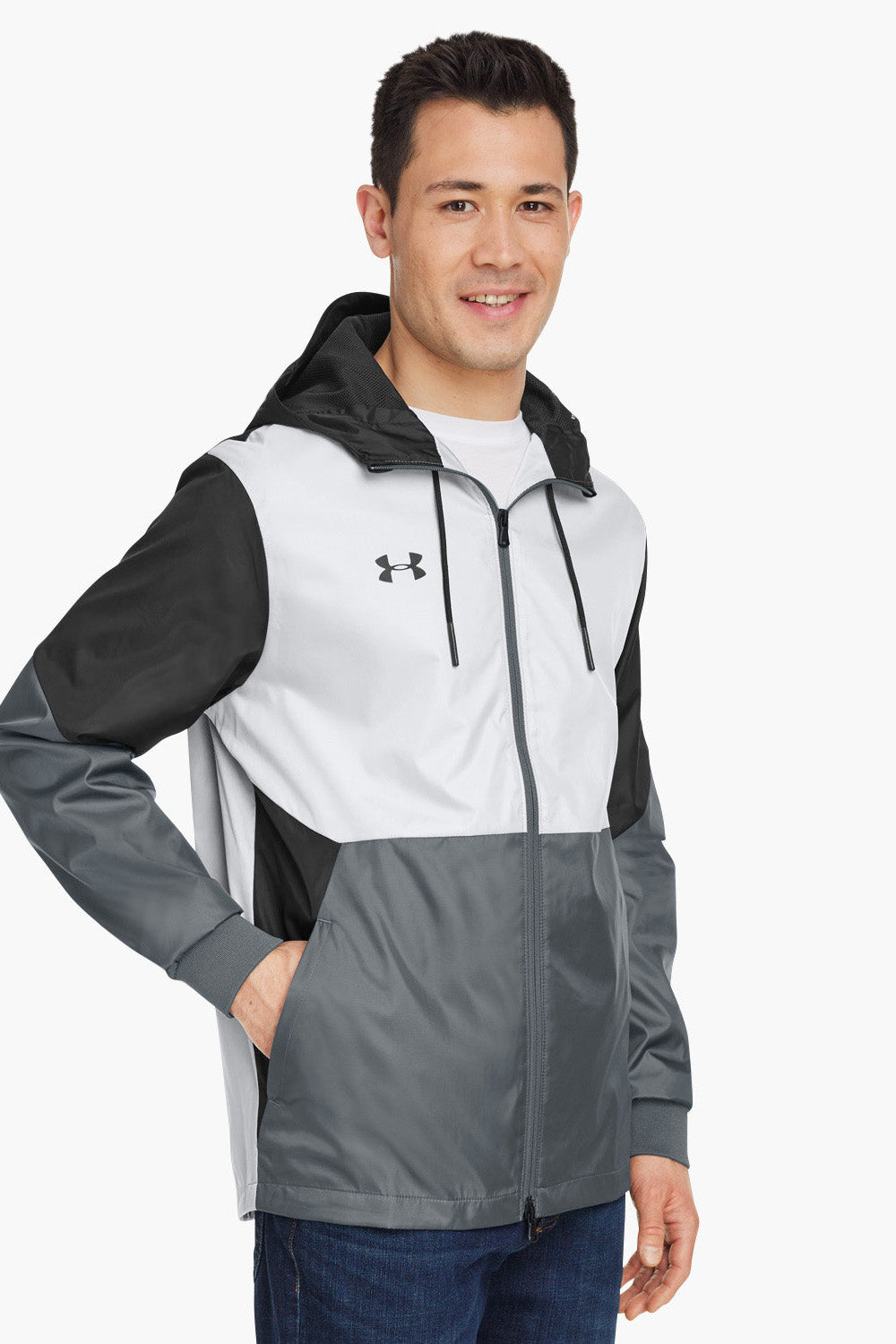 Under Armour 1359386 Mens Team Legacy Wind & Water Resistant Full Zip Hooded Jacket Black Model 3Q