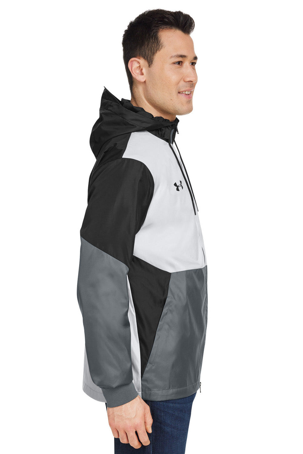 Under Armour 1359386 Mens Team Legacy Wind & Water Resistant Full Zip Hooded Jacket Black Model Side