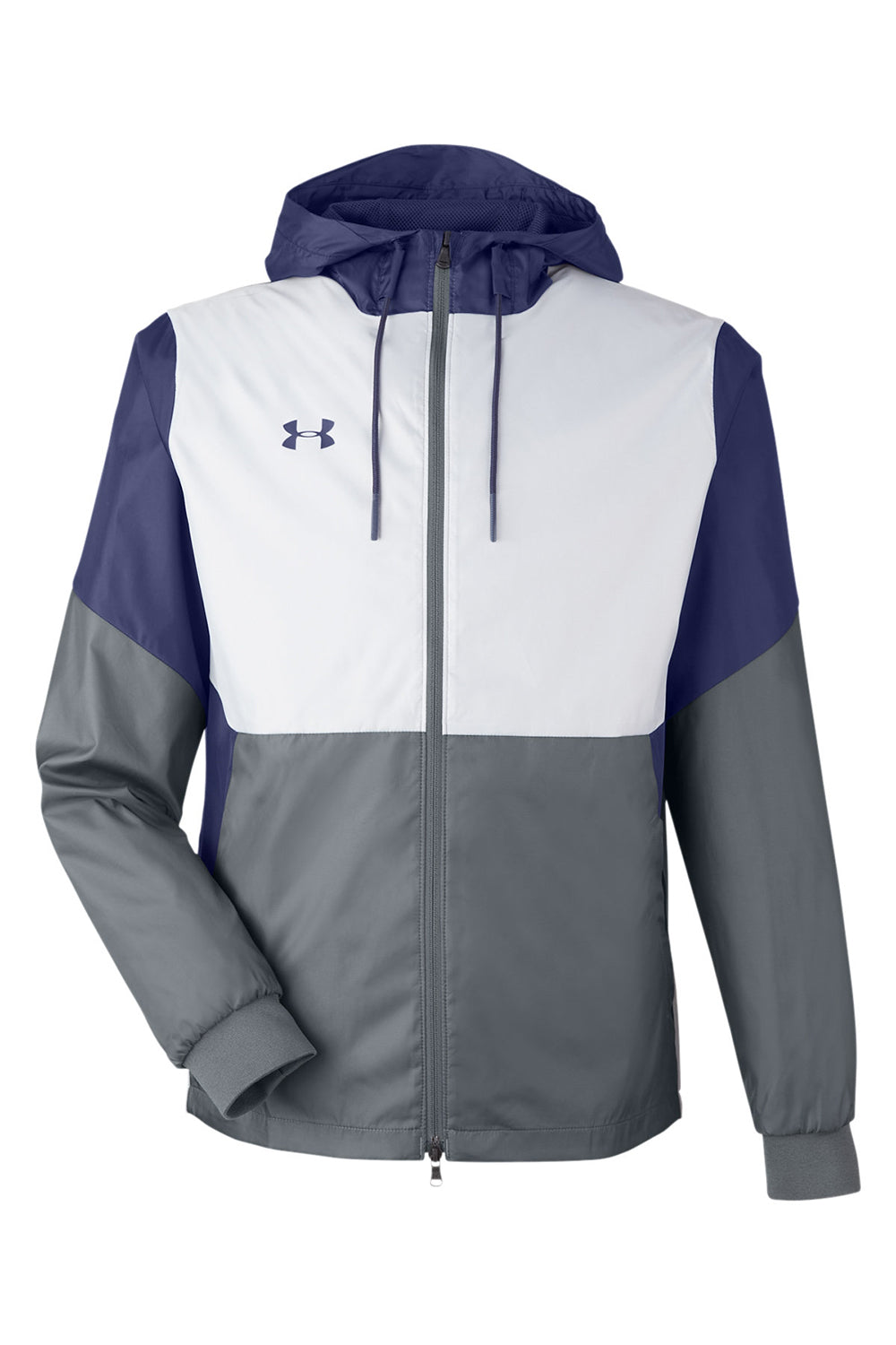 Under Armour 1359386 Mens Team Legacy Wind & Water Resistant Full Zip Hooded Jacket Navy Blue Flat Front