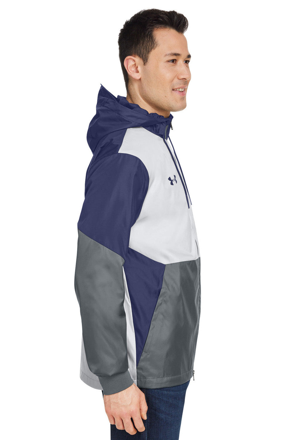 Under Armour 1359386 Mens Team Legacy Wind & Water Resistant Full Zip Hooded Jacket Navy Blue Model Side