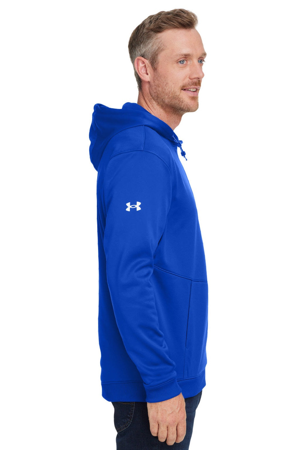 Under Armour 1370379 Mens Storm Armourfleece Water Resistant Hooded Sweatshirt Hoodie w/ Pouch Pocket Royal Blue Model Side