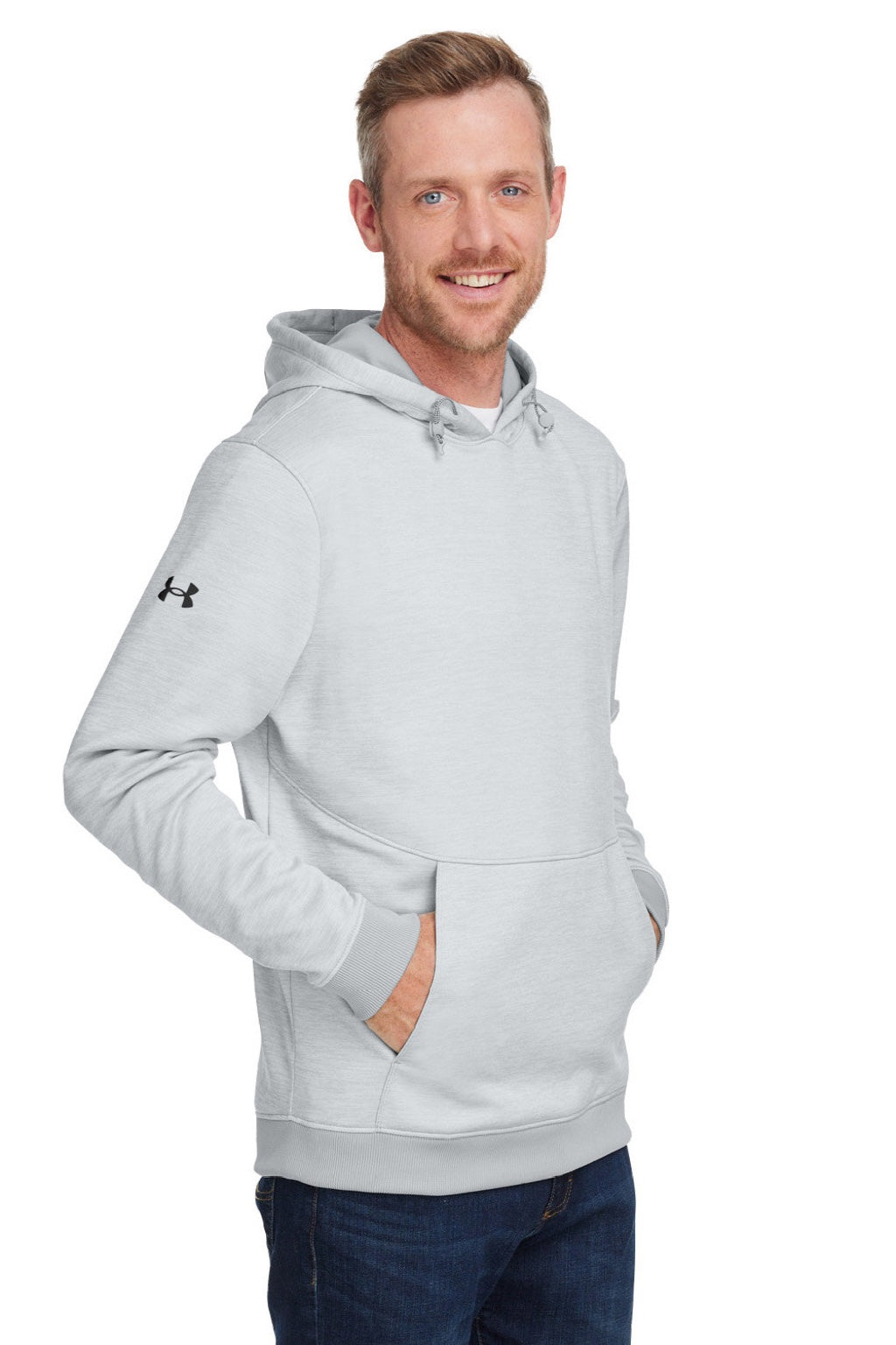 Under Armour 1370379 Mens Storm Armourfleece Water Resistant Hooded Sweatshirt Hoodie w/ Pouch Pocket Mod Grey Model 3Q