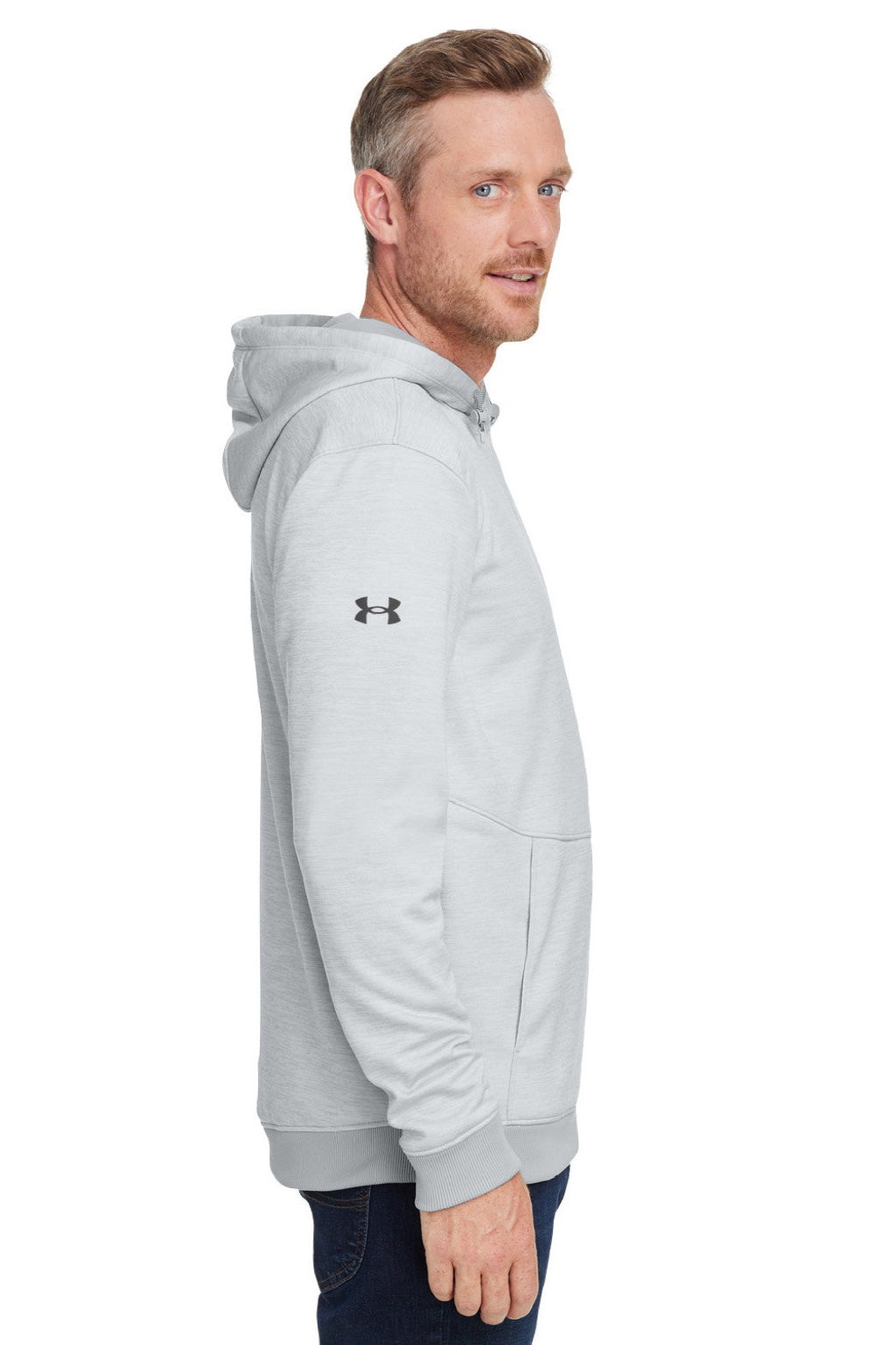 Under Armour 1370379 Mens Storm Armourfleece Water Resistant Hooded Sweatshirt Hoodie w/ Pouch Pocket Mod Grey Model Side