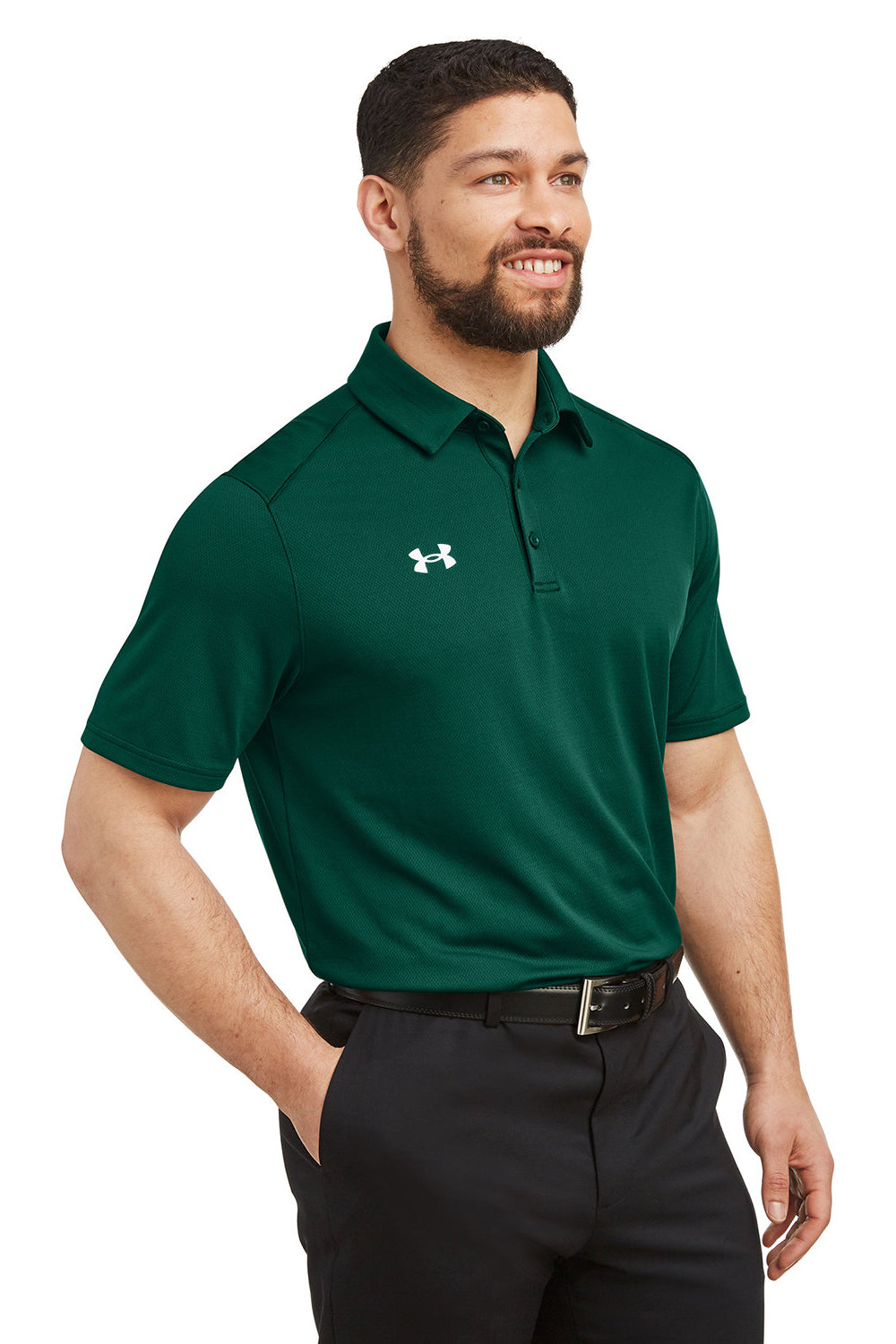 Under Armour 1370399 Mens Tech Moisture Wicking Short Sleeve Polo Shirt Forest Green Model 3Q