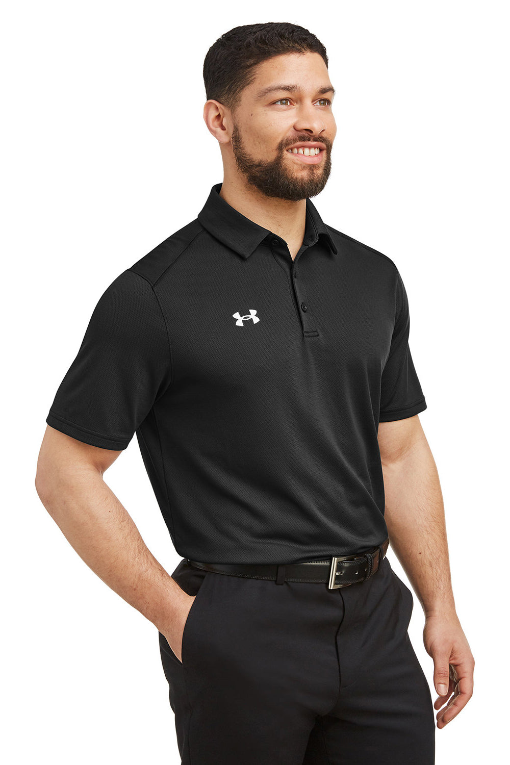 Under Armour 1370399 Mens Tech Moisture Wicking Short Sleeve Polo Shirt Black Model 3Q