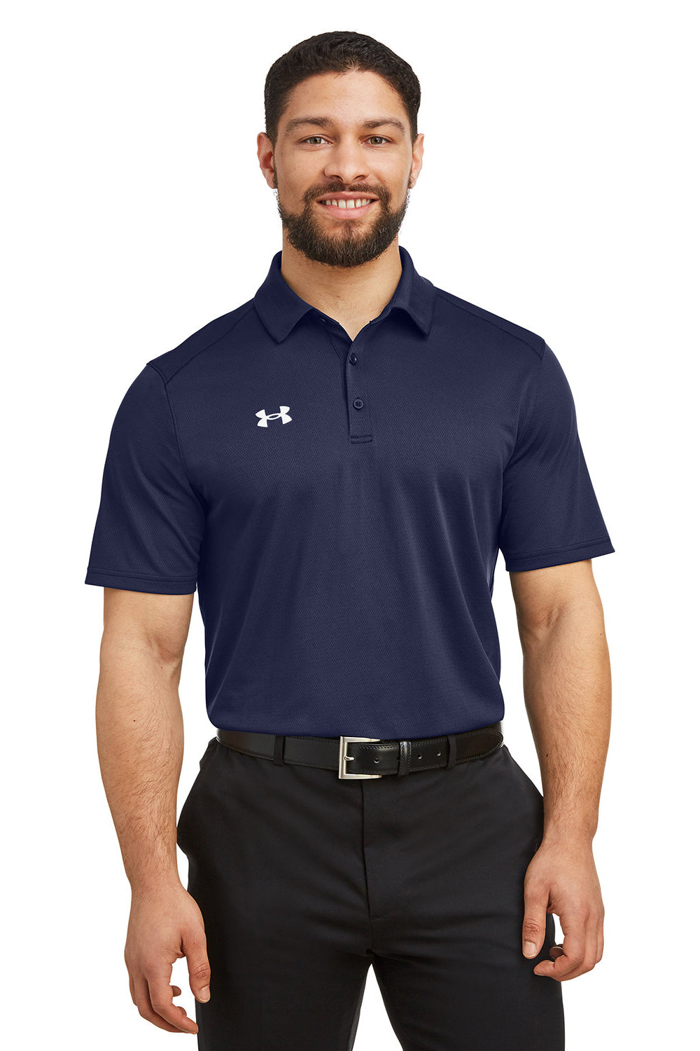 Under Armour 1370399 Mens Tech Moisture Wicking Short Sleeve Polo Shirt Midnight Navy Blue Model Front
