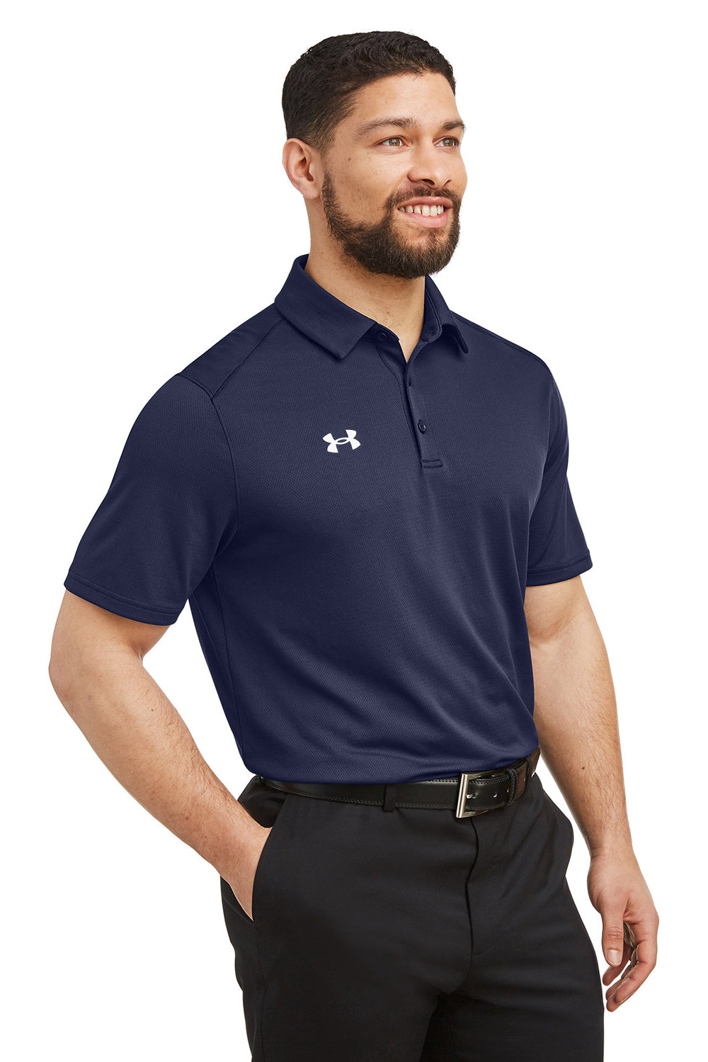 Under Armour 1370399 Mens Tech Moisture Wicking Short Sleeve Polo Shirt Midnight Navy Blue Model 3Q
