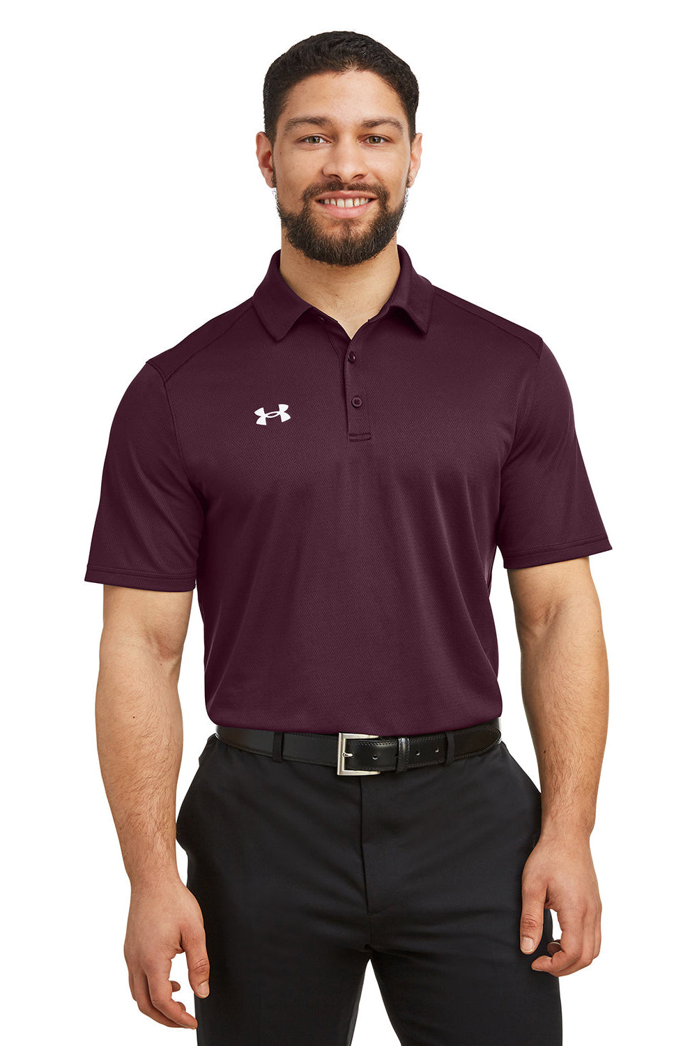 Under Armour 1370399 Mens Tech Moisture Wicking Short Sleeve Polo Shirt Maroon Model Front
