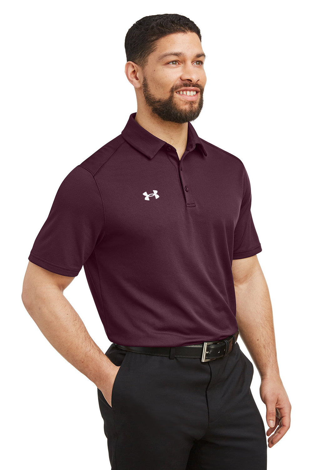 Under Armour 1370399 Mens Tech Moisture Wicking Short Sleeve Polo Shirt Maroon Model 3Q
