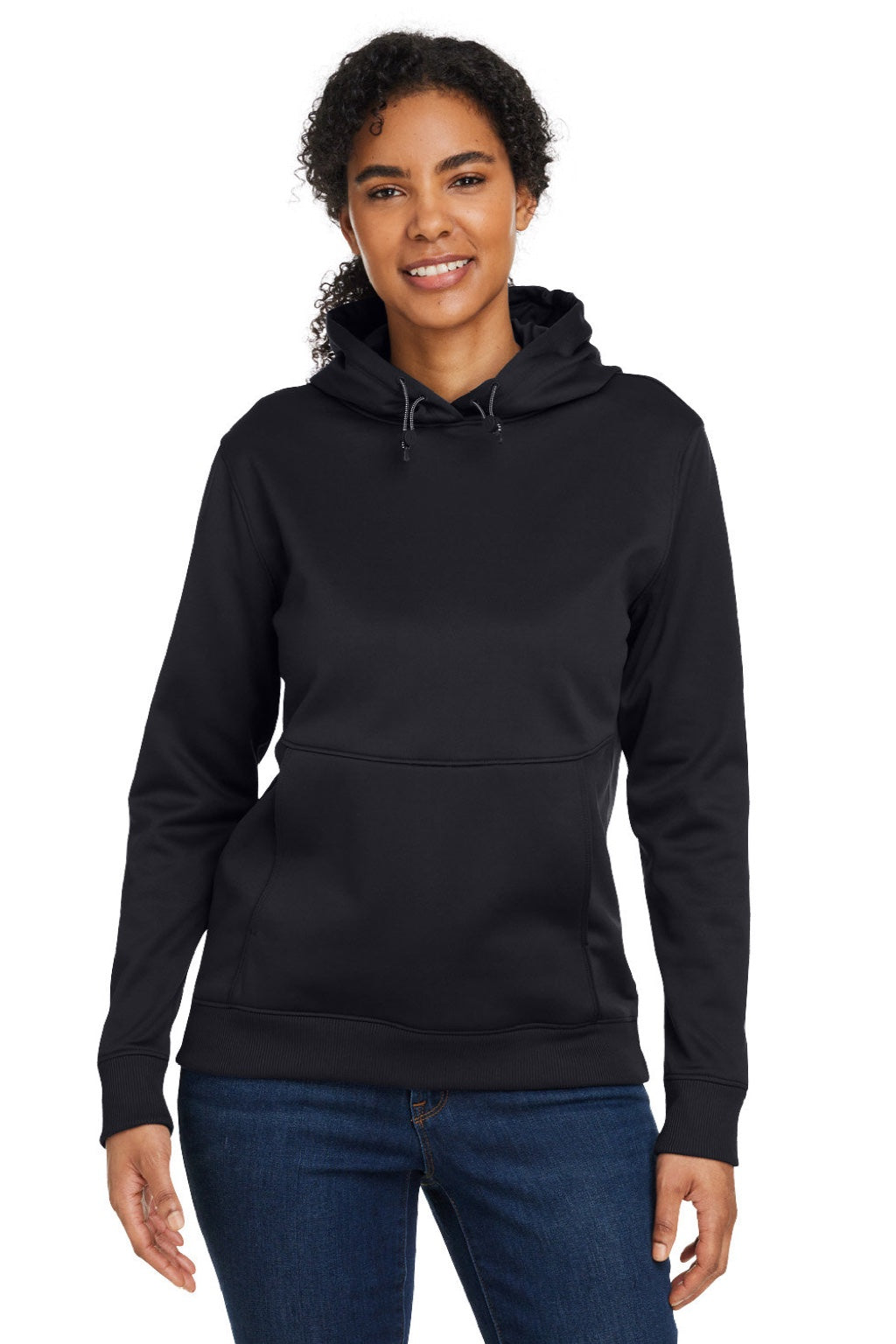 Under Armour 1370425 Womens Storm Armourfleece Water Resistant Hooded Sweatshirt Hoodie w/ Pouch Pocket Black Model Front