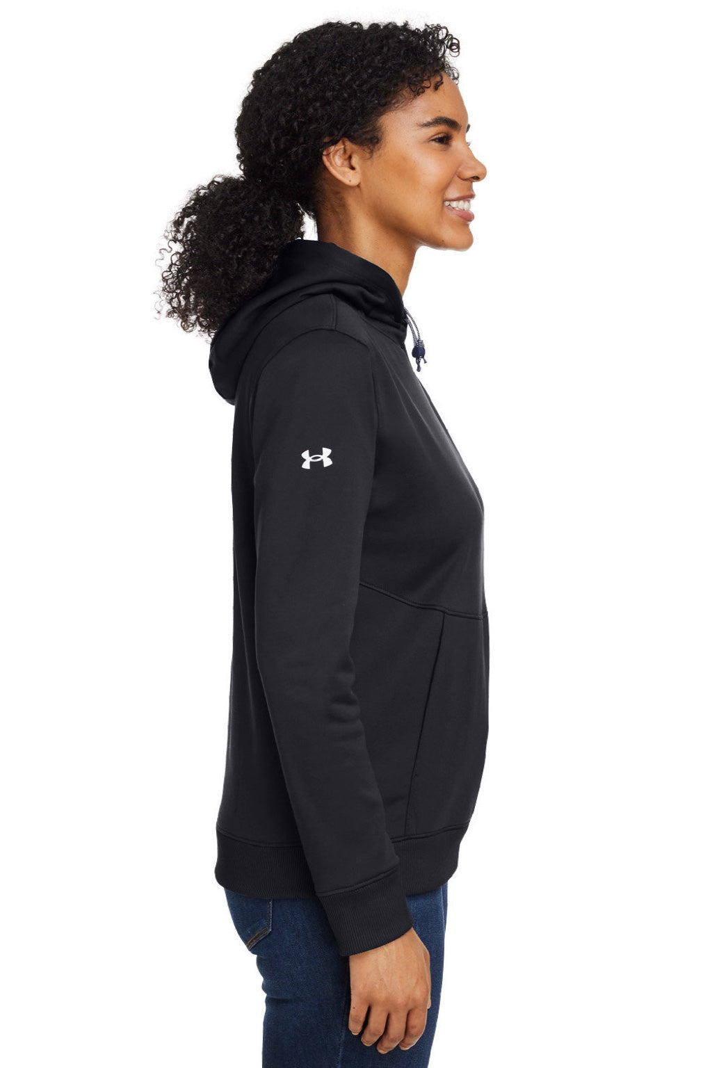 Under Armour 1370425 Womens Storm Armourfleece Water Resistant Hooded Sweatshirt Hoodie w/ Pouch Pocket Black Model Side