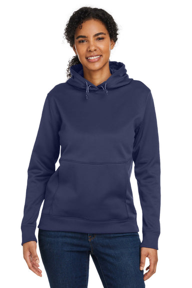 Under Armour 1370425 Womens Storm Armourfleece Water Resistant Hooded Sweatshirt Hoodie w/ Pouch Pocket Midnight Navy Blue Model Front