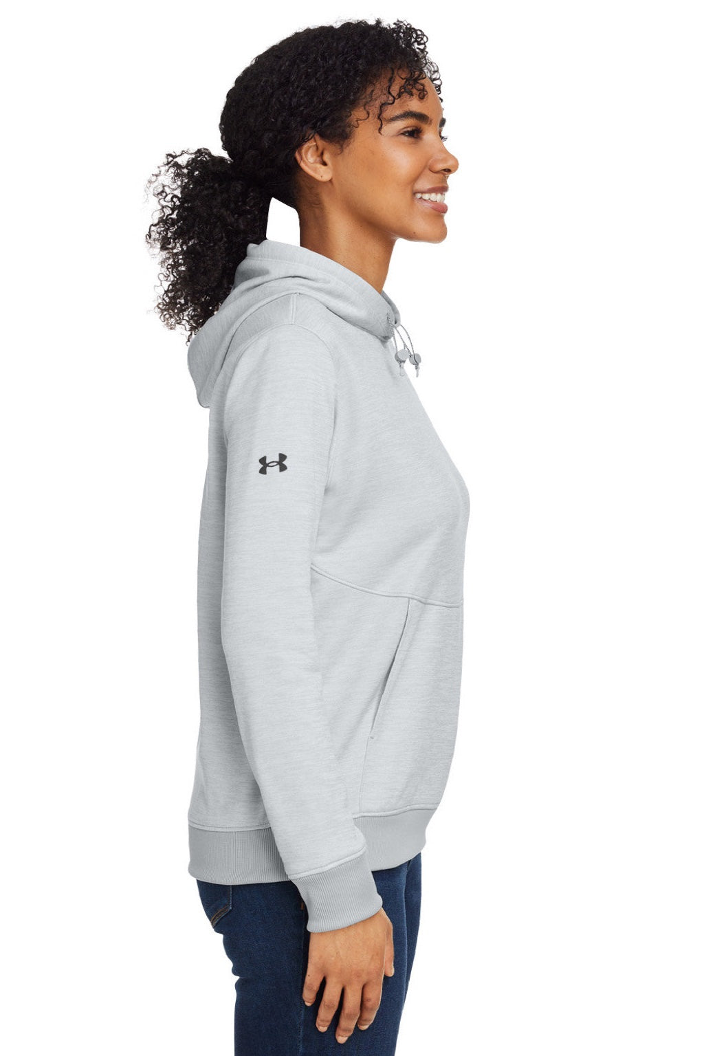 Under Armour 1370425 Womens Storm Armourfleece Water Resistant Hooded Sweatshirt Hoodie w/ Pouch Pocket Mod Grey Model Side
