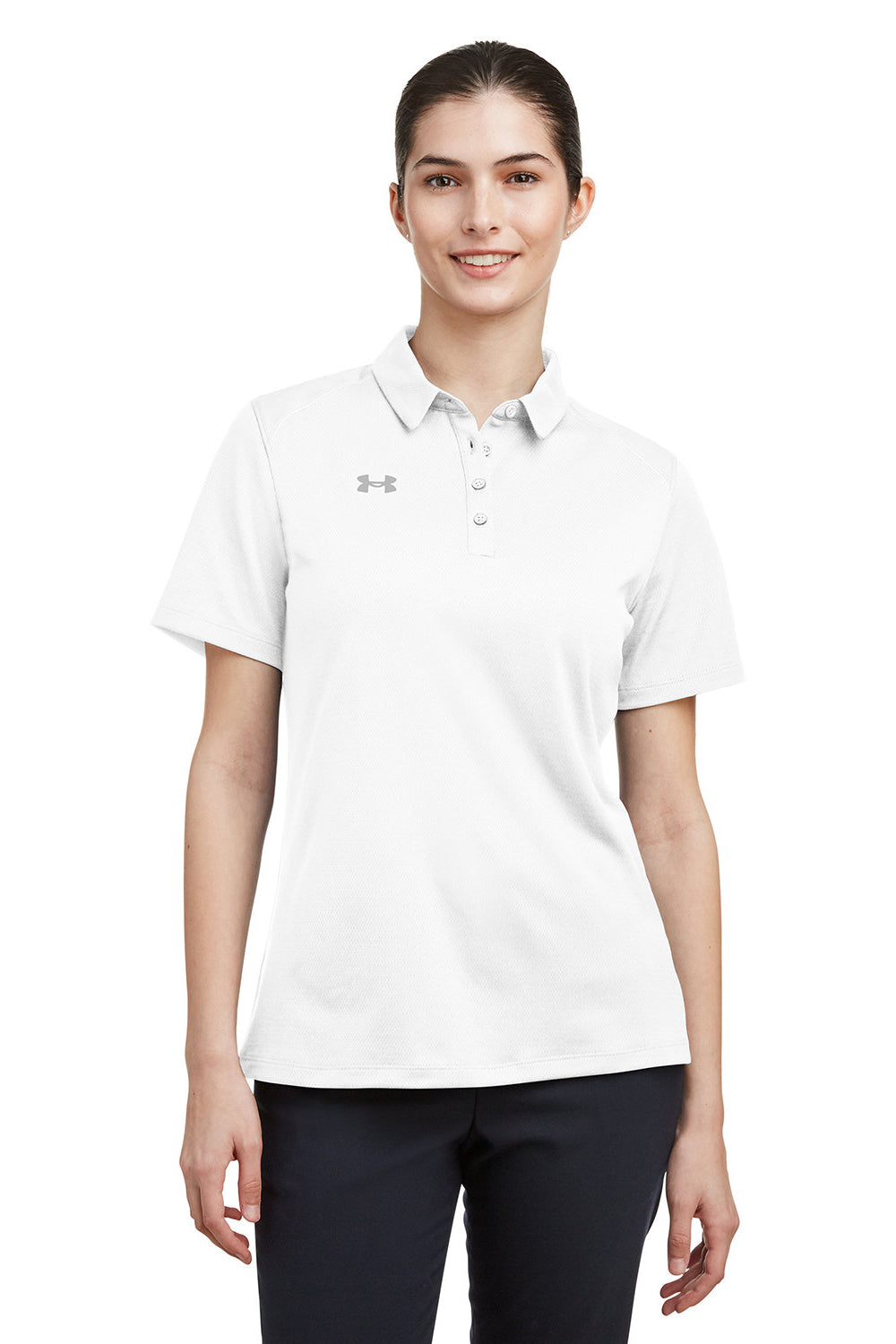 Under Armour 1370431 Womens Tech Moisture Wicking Short Sleeve Polo Shirt White Model Front
