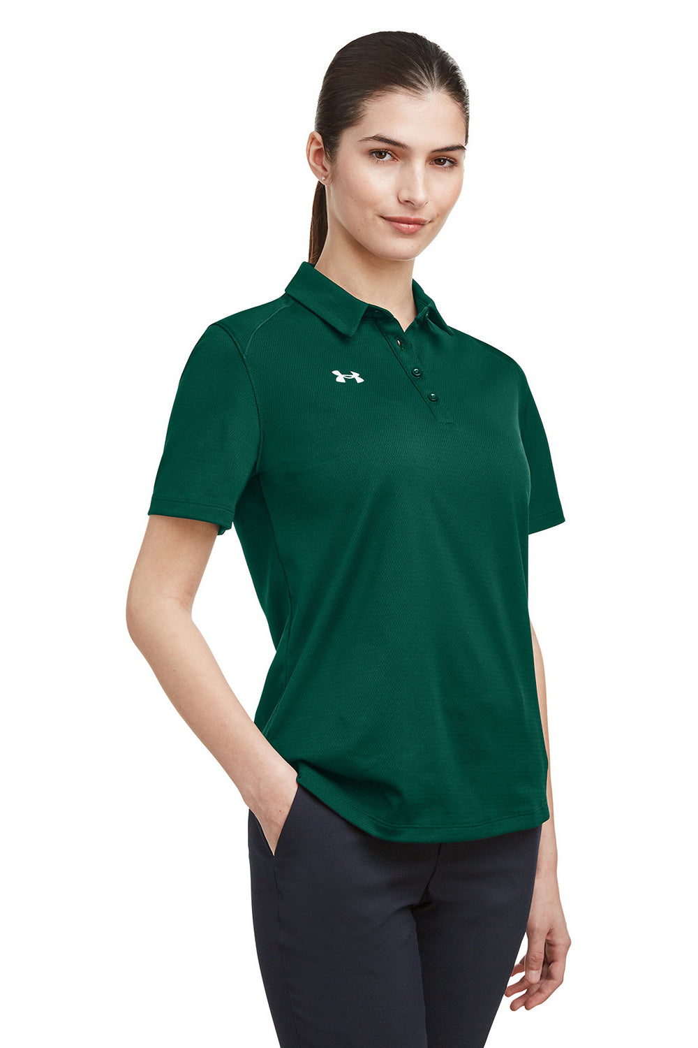 Under Armour 1370431 Womens Tech Moisture Wicking Short Sleeve Polo Shirt Forest Green Model 3Q