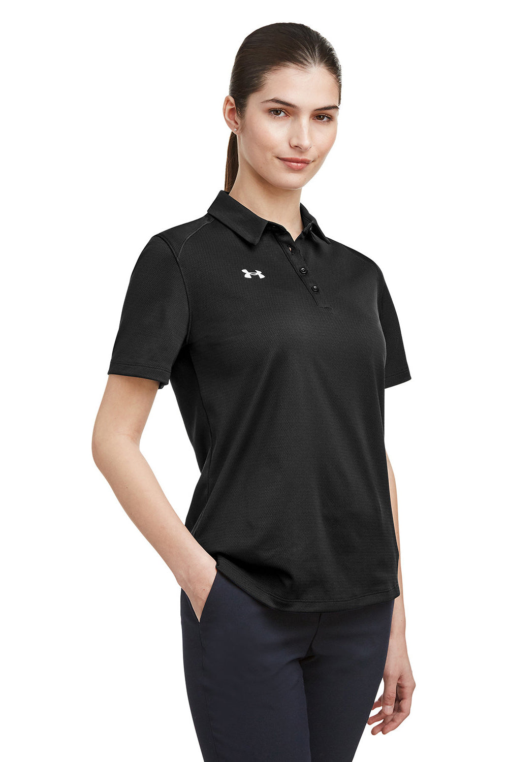 Under Armour 1370431 Womens Tech Moisture Wicking Short Sleeve Polo Shirt Black Model 3Q
