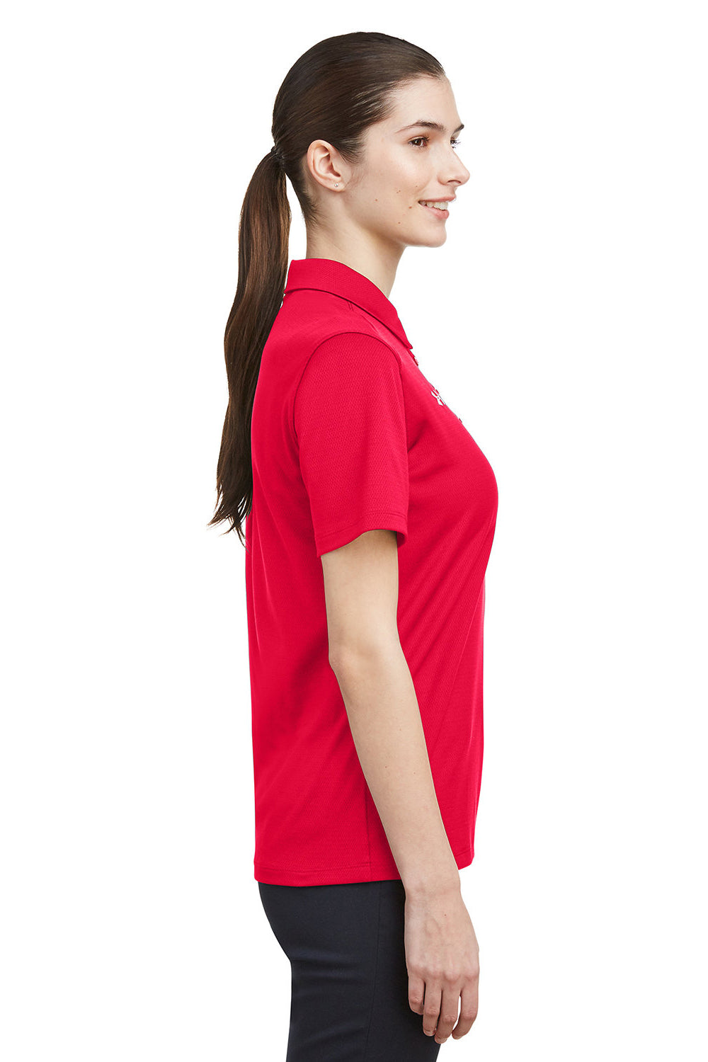 Under Armour 1370431 Womens Tech Moisture Wicking Short Sleeve Polo Shirt Red Model Side