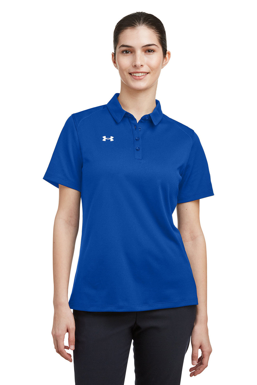 Under Armour 1370431 Womens Tech Moisture Wicking Short Sleeve Polo Shirt Royal Blue Model Front