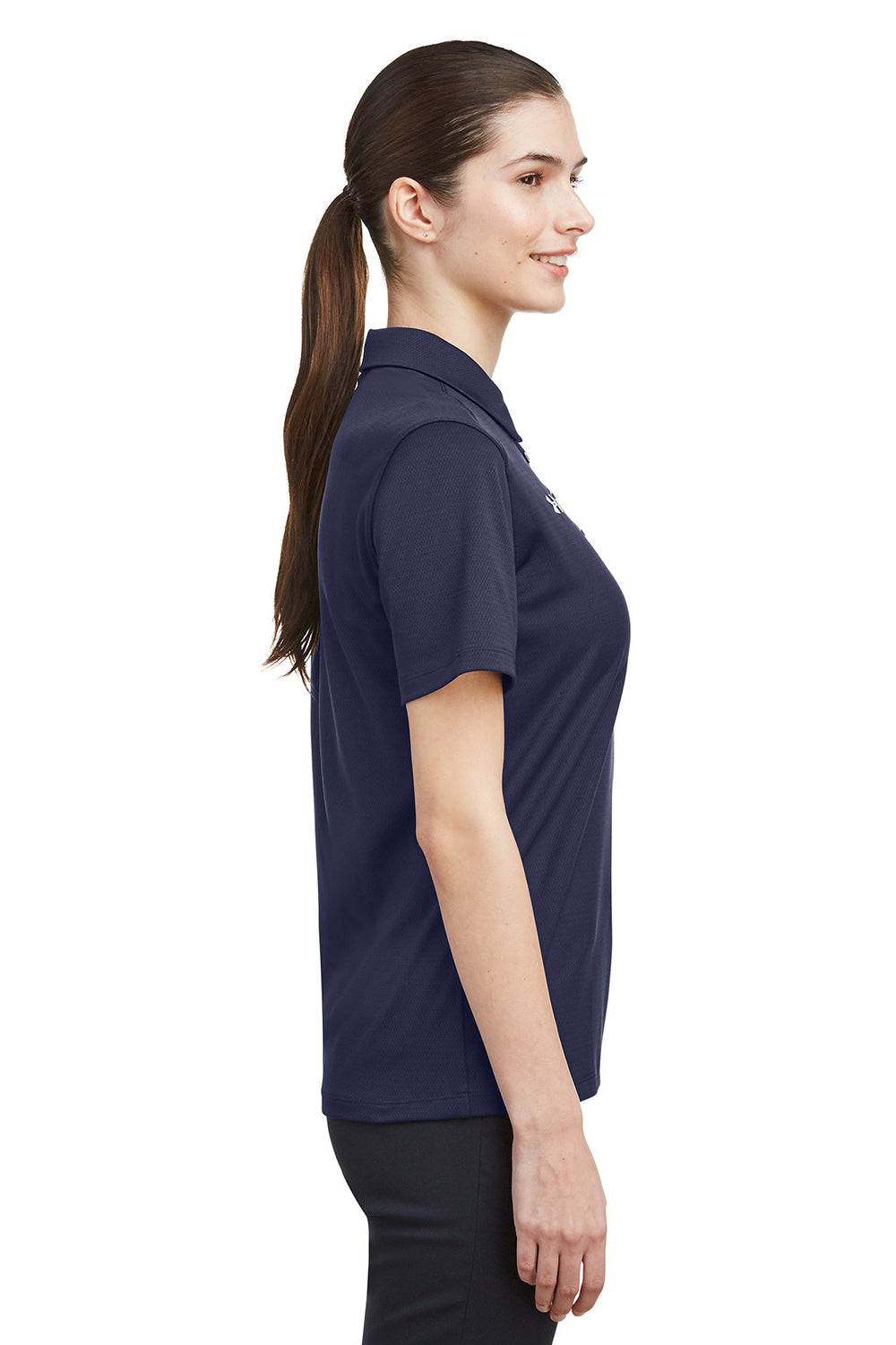 Under Armour 1370431 Womens Tech Moisture Wicking Short Sleeve Polo Shirt Midnight Navy Blue Model Side