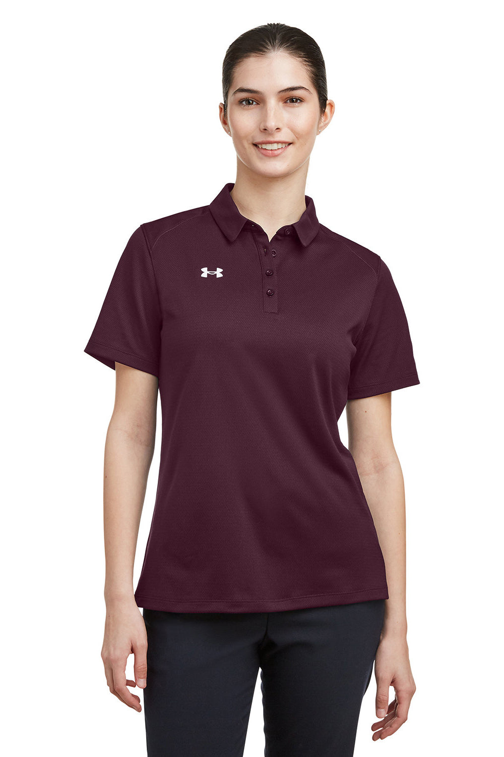 Under Armour 1370431 Womens Tech Moisture Wicking Short Sleeve Polo Shirt Maroon Model Front