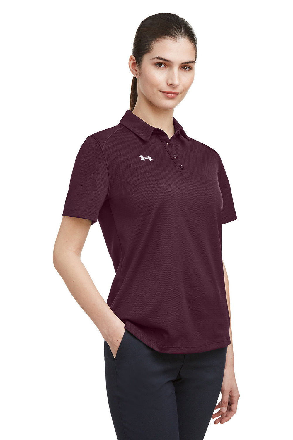 Under Armour 1370431 Womens Tech Moisture Wicking Short Sleeve Polo Shirt Maroon Model 3Q