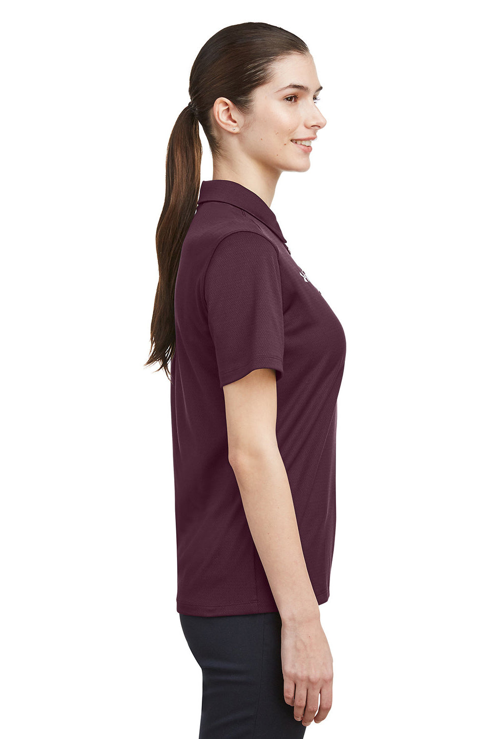 Under Armour 1370431 Womens Tech Moisture Wicking Short Sleeve Polo Shirt Maroon Model Side