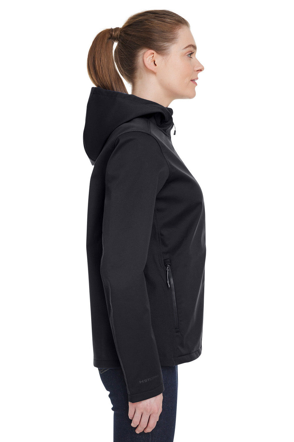Under Armour 1371595 Womens CGI Shield 2.0 Windproof & Waterproof Full Zip Hooded Jacket Black Model Side