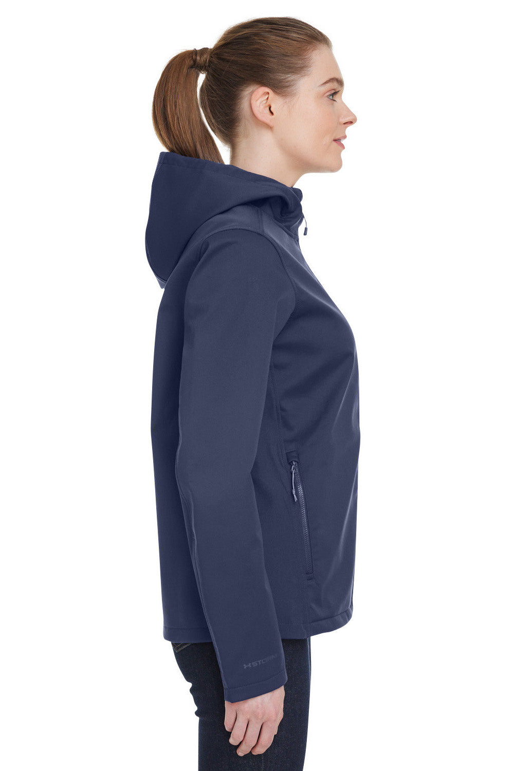 Under Armour 1371595 Womens CGI Shield 2.0 Windproof & Waterproof Full Zip Hooded Jacket Midnight Navy Blue Model Side