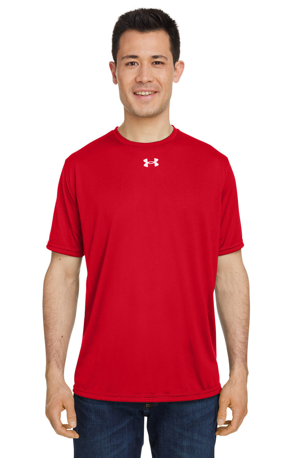 Under Armour 1376842 Mens Team Tech Moisture Wicking Short Sleeve Crewneck T-Shirt Red Model Front