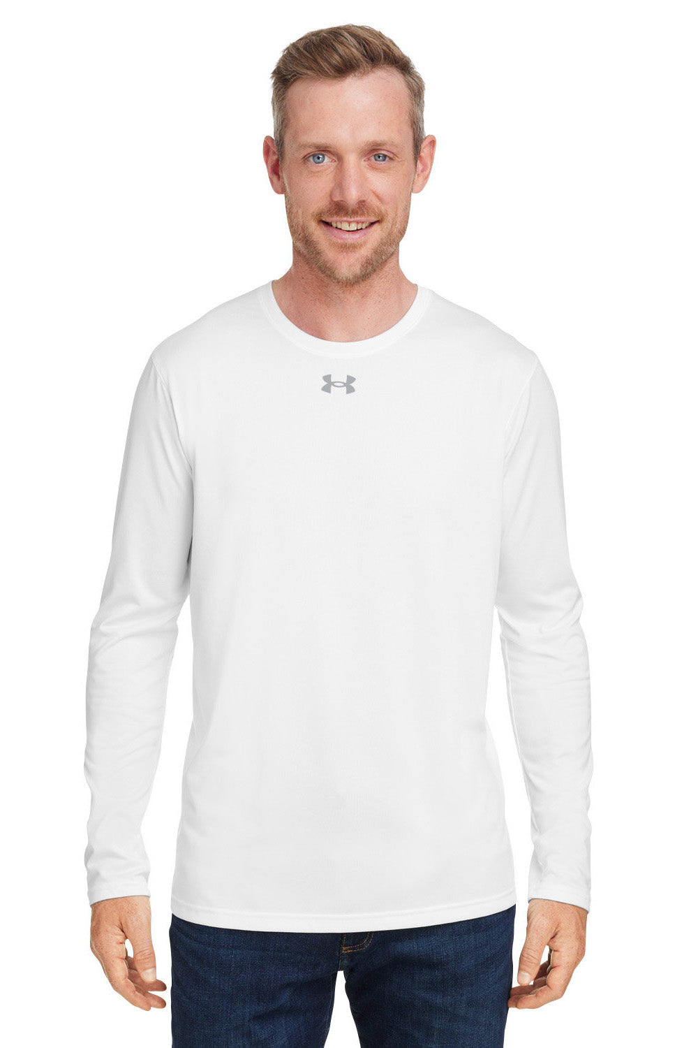 Under Armour 1376843 Mens Team Tech Moisture Wicking Long Sleeve Crewneck T-Shirt White Model Front