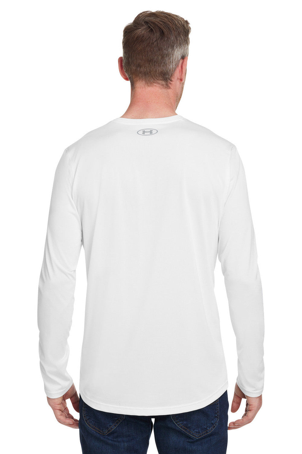 Under Armour 1376843 Mens Team Tech Moisture Wicking Long Sleeve Crewneck T-Shirt White Model Back