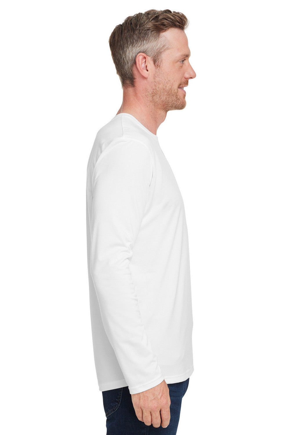 Under Armour 1376843 Mens Team Tech Moisture Wicking Long Sleeve Crewneck T-Shirt White Model Side