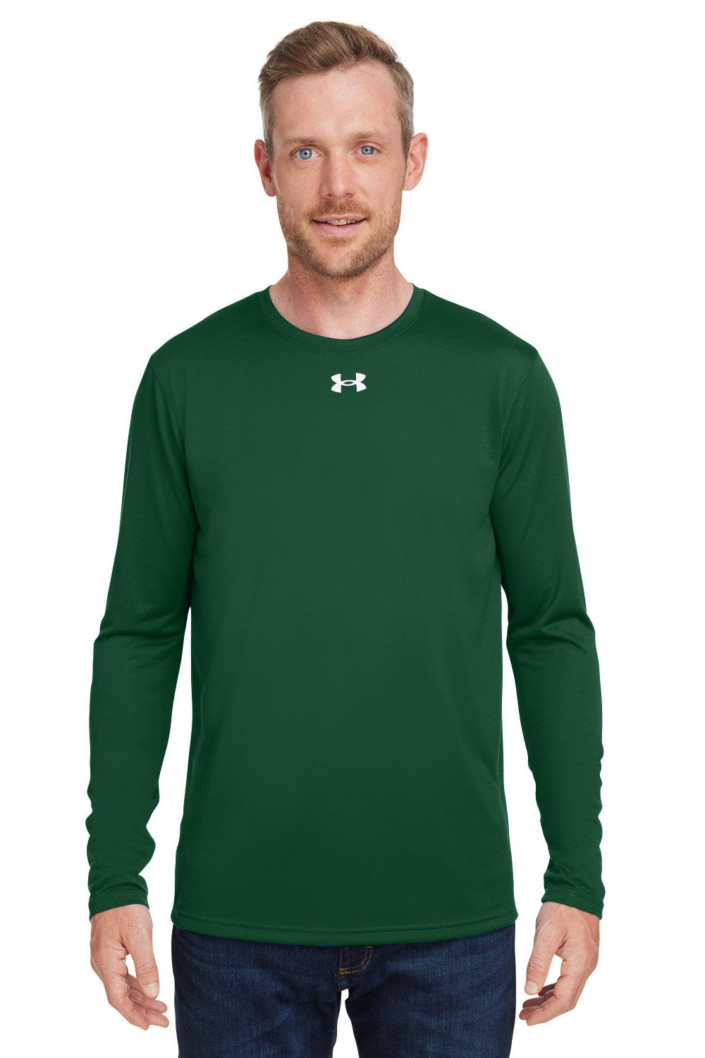Under Armour 1376843 Mens Team Tech Moisture Wicking Long Sleeve Crewneck T-Shirt Forest Green Model Front