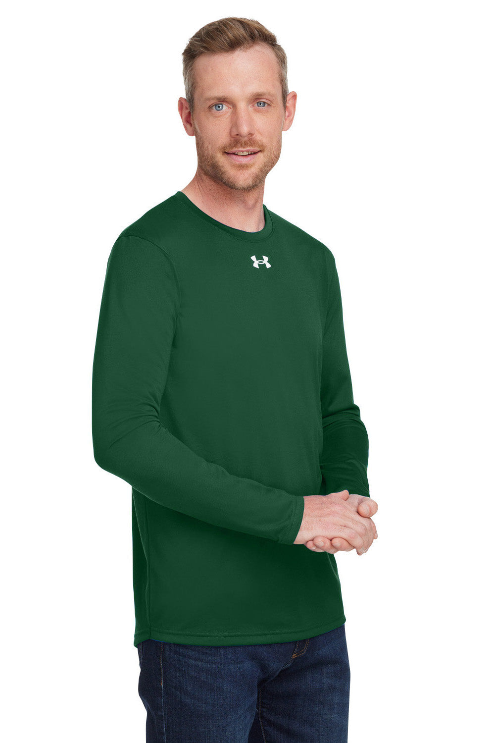 Under Armour 1376843 Mens Team Tech Moisture Wicking Long Sleeve Crewneck T-Shirt Forest Green Model 3Q