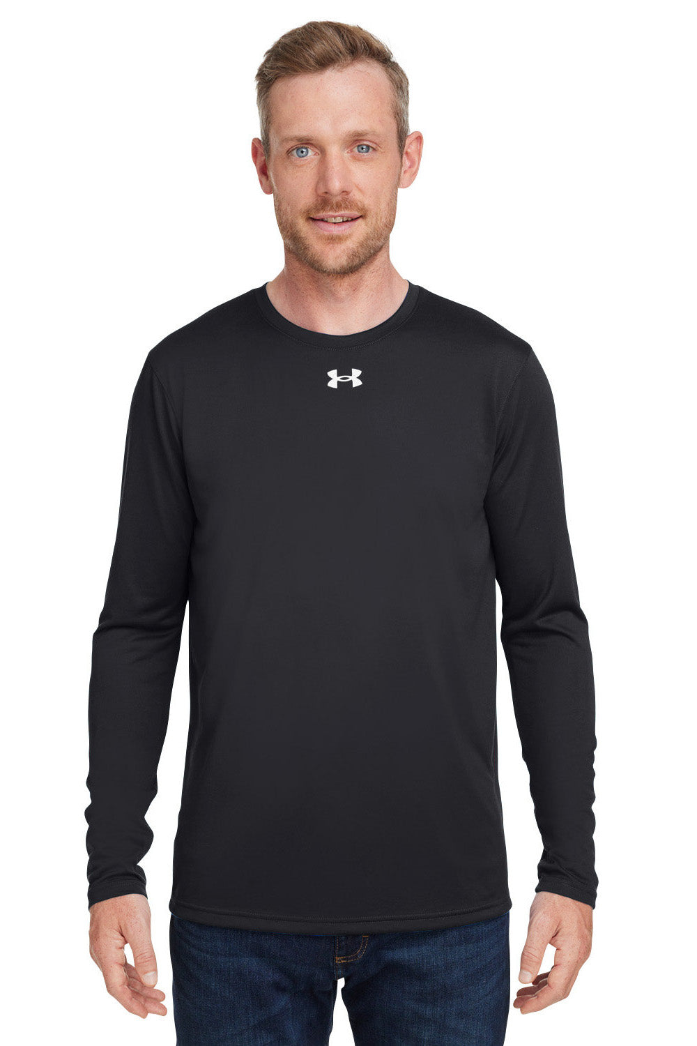Under Armour 1376843 Mens Team Tech Moisture Wicking Long Sleeve Crewneck T-Shirt Black Model Front