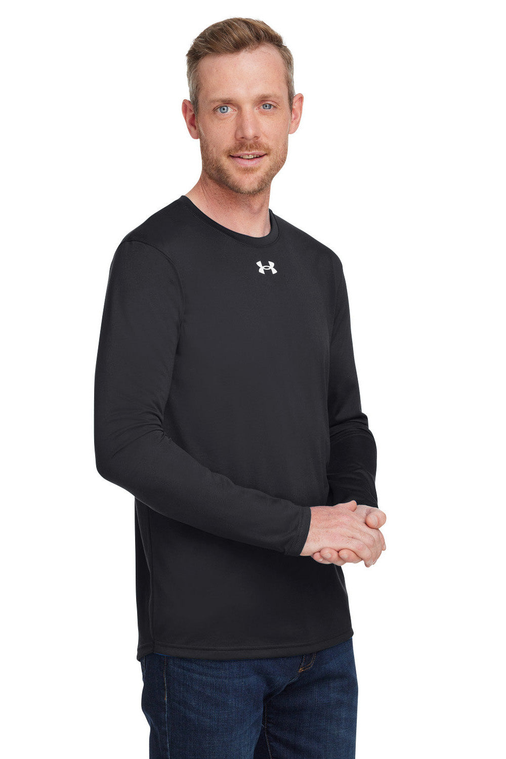 Under Armour 1376843 Mens Team Tech Moisture Wicking Long Sleeve Crewneck T-Shirt Black Model 3Q
