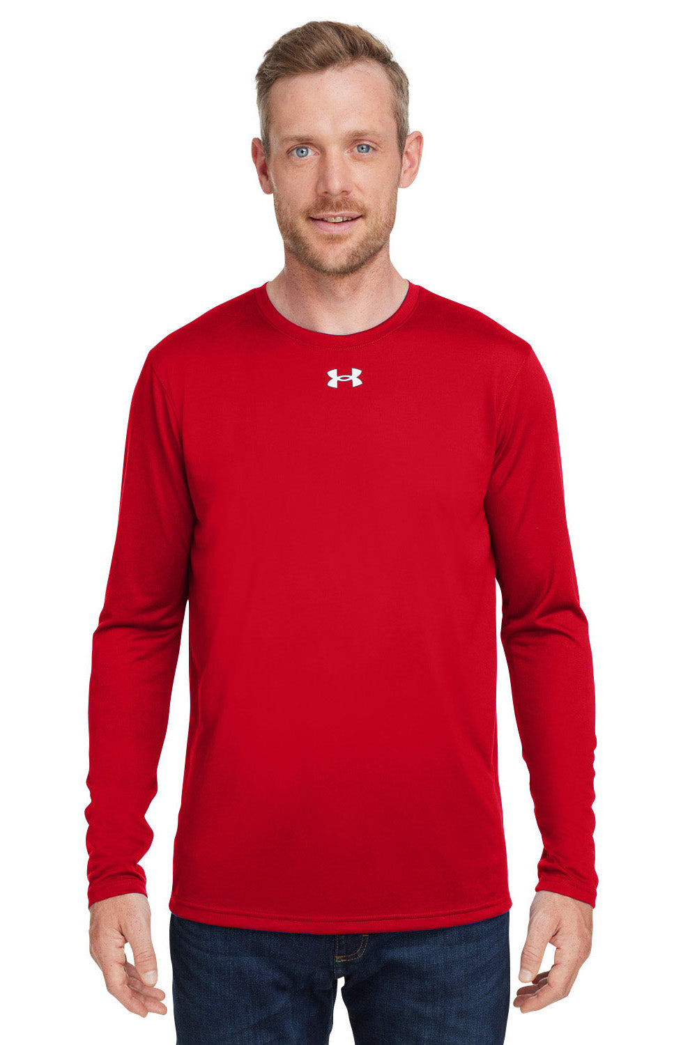 Under Armour 1376843 Mens Team Tech Moisture Wicking Long Sleeve Crewneck T-Shirt Red Model Front