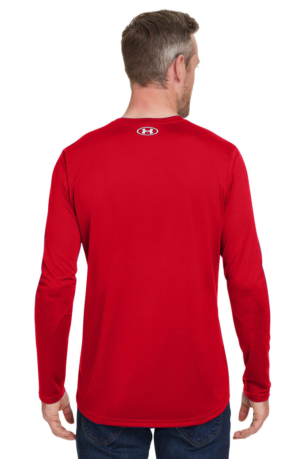 Under Armour 1376843 Mens Team Tech Moisture Wicking Long Sleeve Crewneck T-Shirt Red Model Back