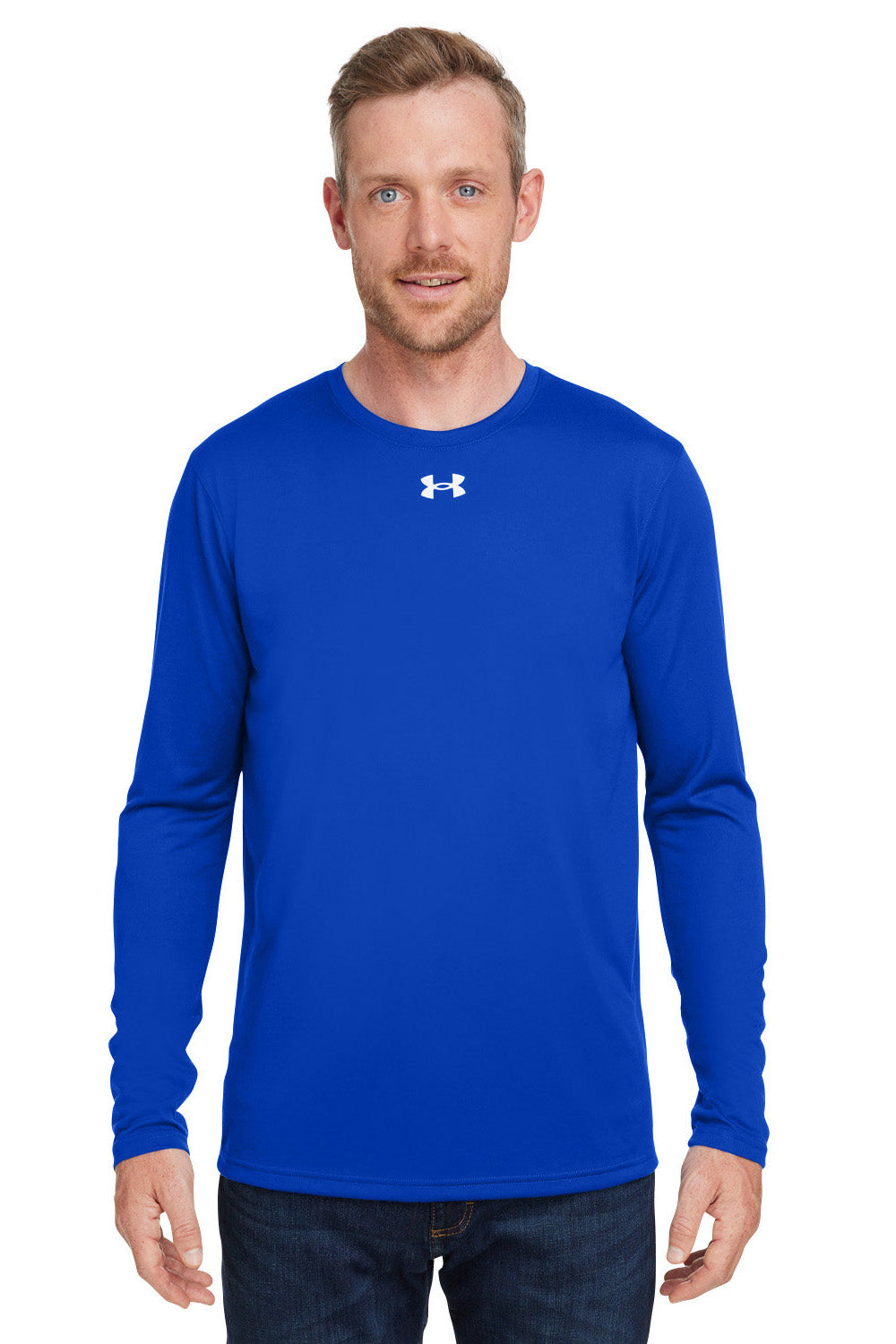 Under Armour 1376843 Mens Team Tech Moisture Wicking Long Sleeve Crewneck T-Shirt Royal Blue Model Front