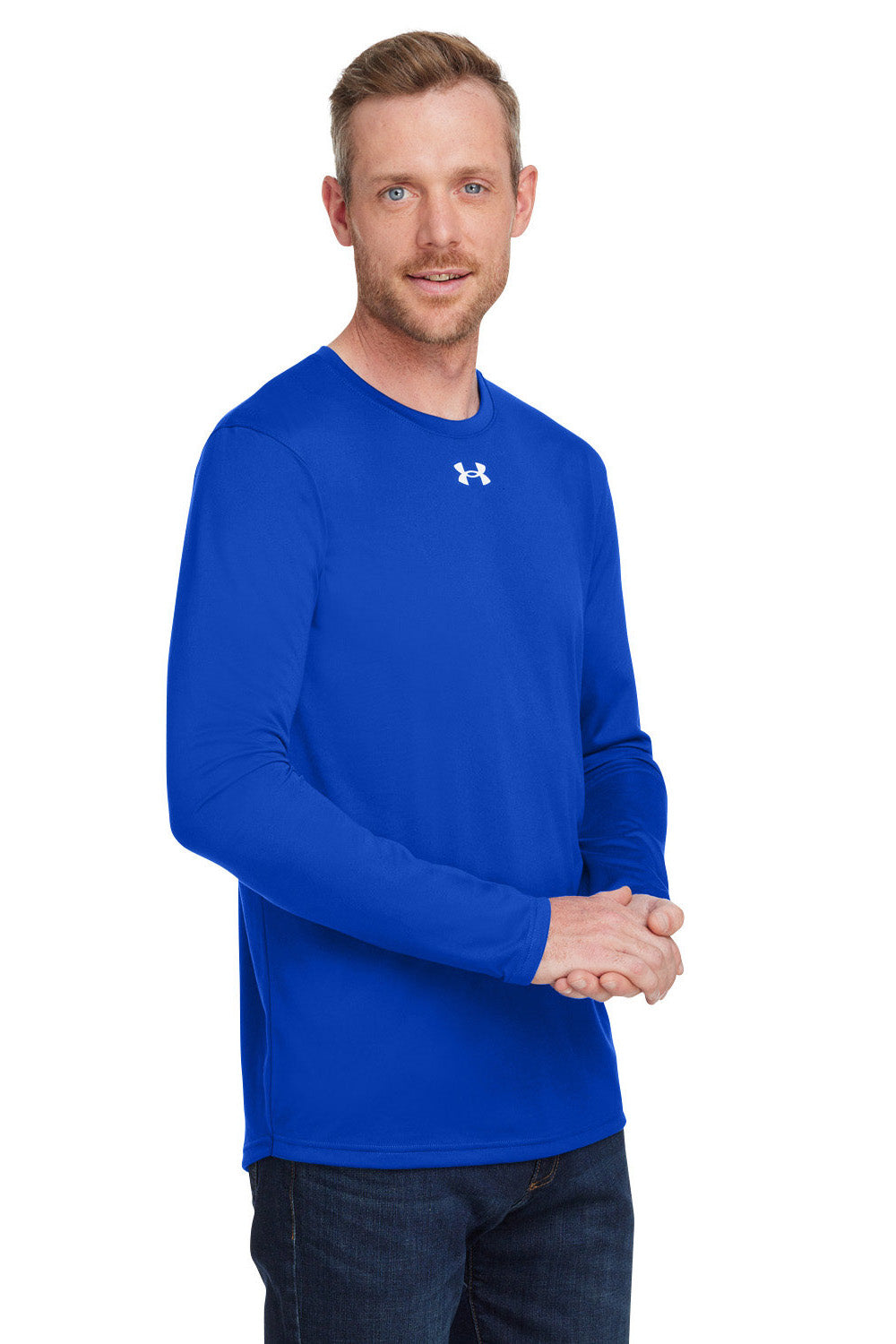 Under Armour 1376843 Mens Team Tech Moisture Wicking Long Sleeve Crewneck T-Shirt Royal Blue Model 3Q