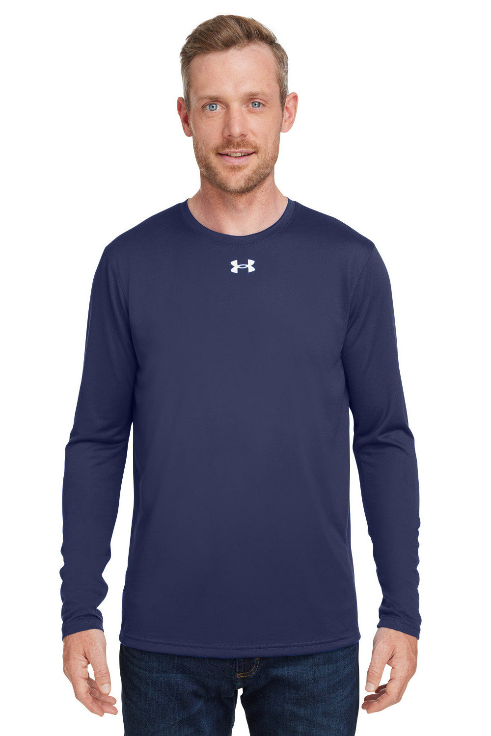 Under Armour 1376843 Mens Team Tech Moisture Wicking Long Sleeve Crewneck T-Shirt Midnight Navy Blue Model Front